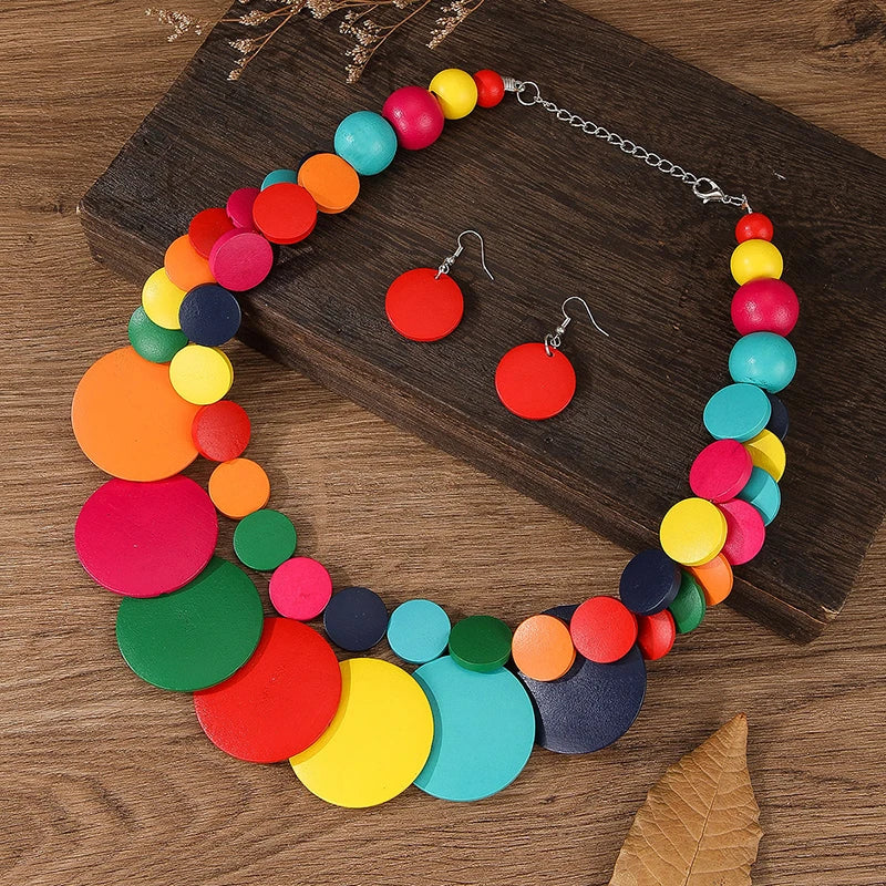 Boho Doublelayer Big Colorful Wood Necklace Earrings Sets Wedding Indian Africal Beads Jewelry
