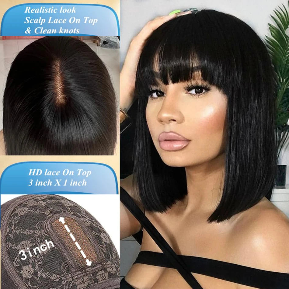 Middle Parted 3X1 Hd Lace Wig Bone Straight Human Hair Wigs With Bangs Short Bob Wigs Full Machine Made Short Bob Human Hair Wig
