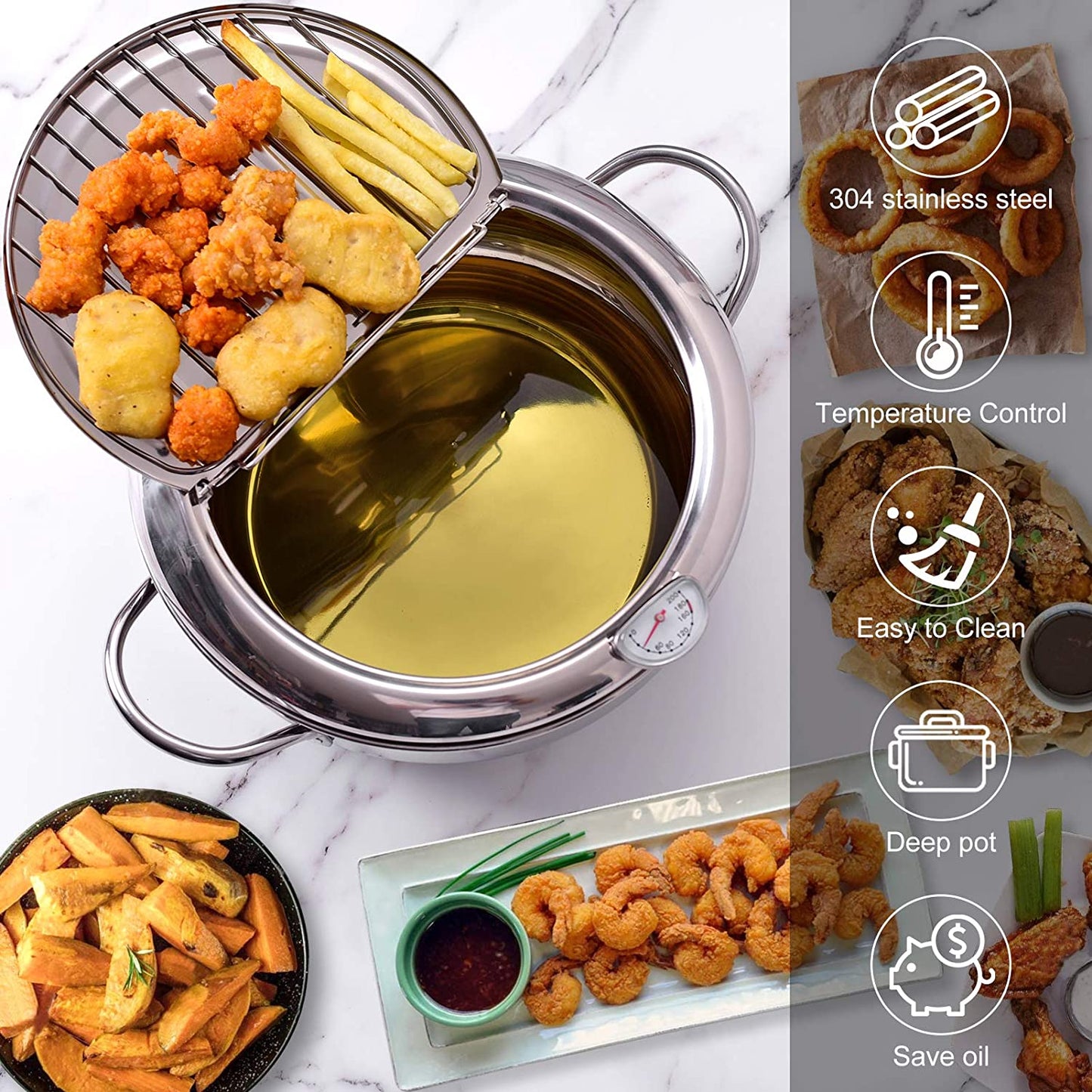 Deep Frying Pot with a Thermometer and a Lid 304 Stainless Steel Kitchen Tempura Fryer Pan 20 24 cm