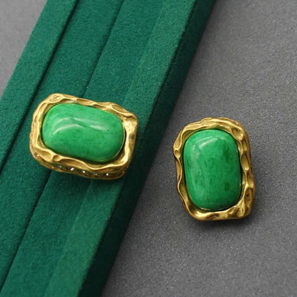 Medieval 925 silver needle earrings square green stone