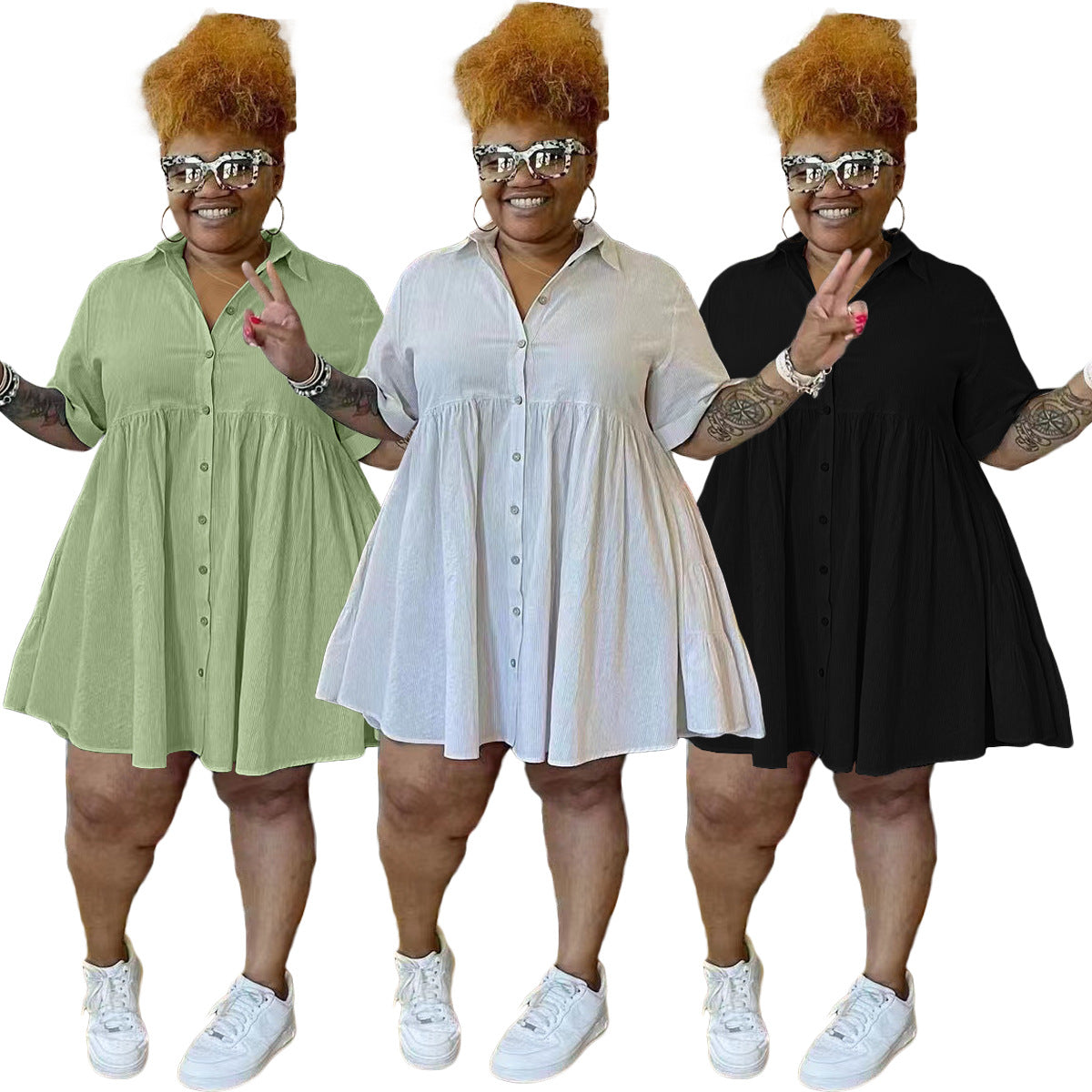 Single-Breasted Plus Size Cotton and Linen Dress