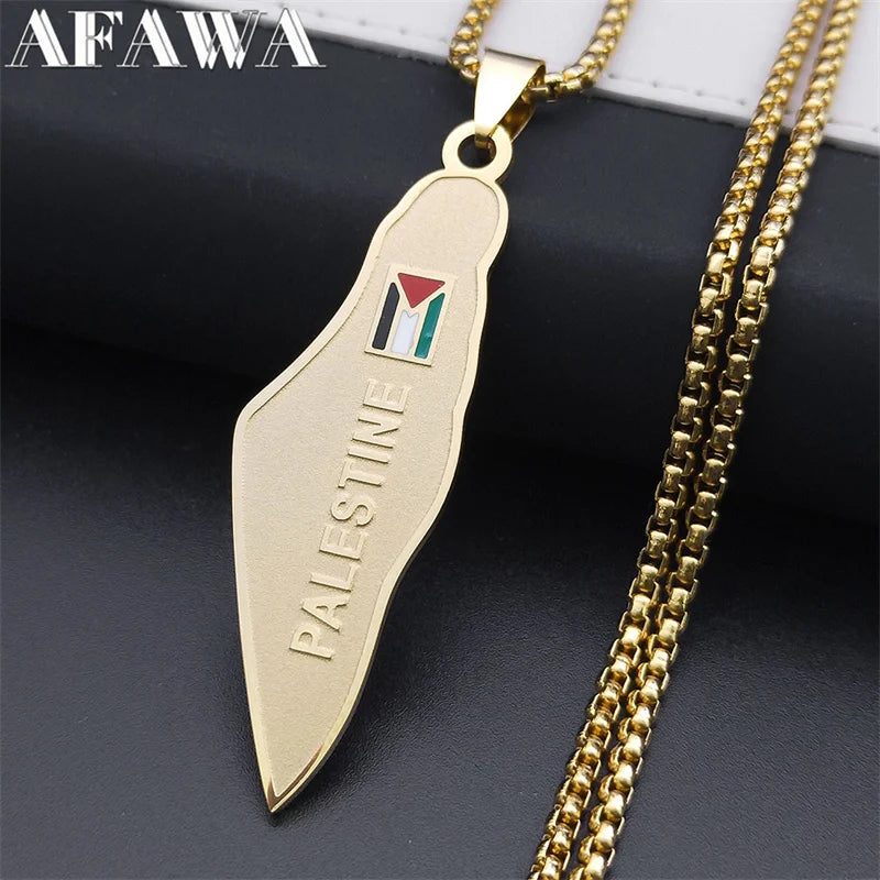 Palestine Map National Flag Necklace for Women Men Stainless Steel Gold Color Country Geography Chain Jewish Jewelry