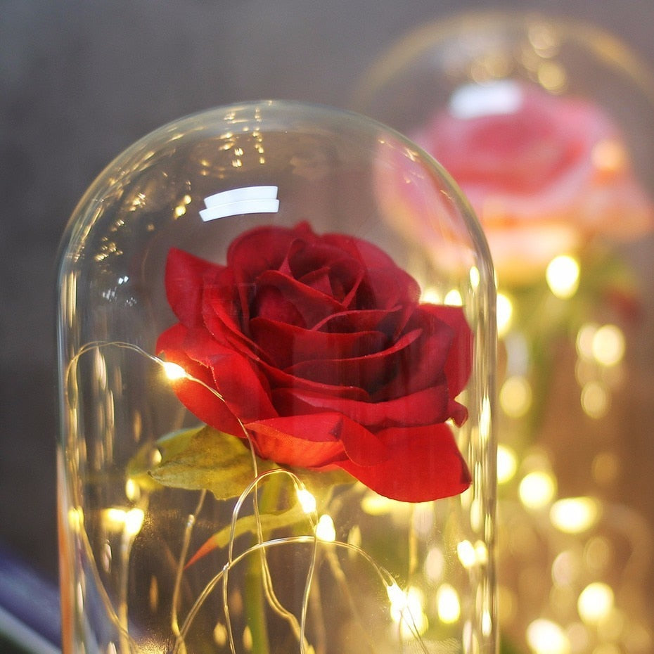 Rose In Flask Led Rose Flower Light Black Base Glass Dome
