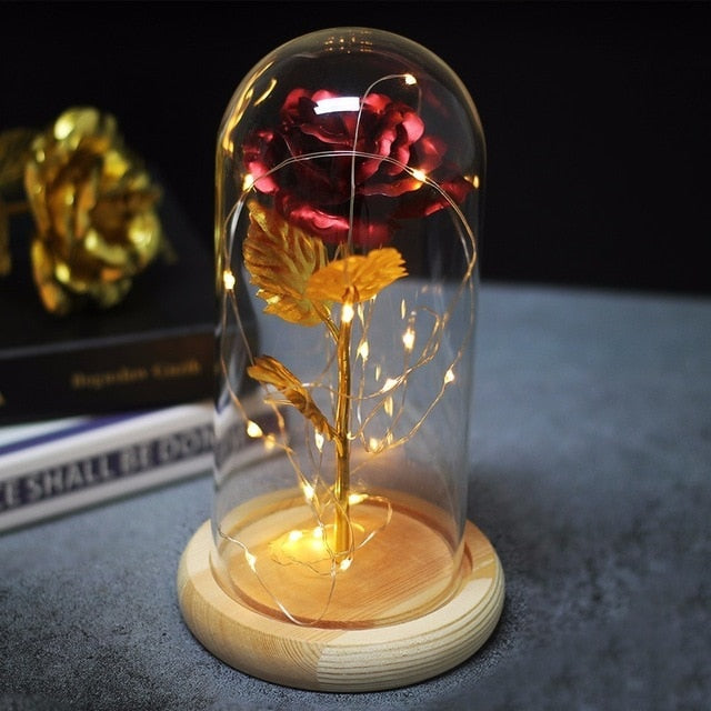 Rose In Flask Led Rose Flower Light Black Base Glass Dome
