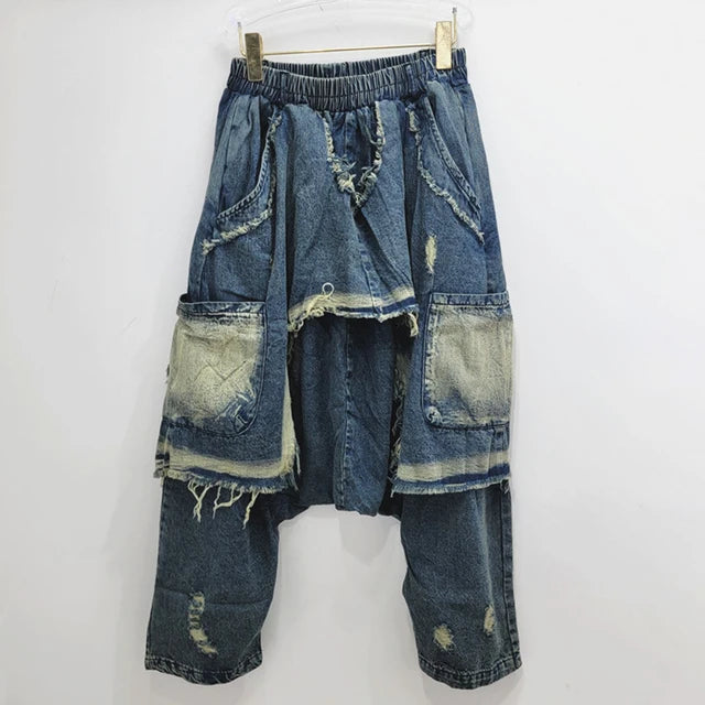 Patchwork High Elastic Waisted Loose Denim Jeans