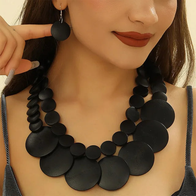 Boho Doublelayer Big Colorful Wood Necklace Earrings Sets Wedding Indian Africal Beads Jewelry