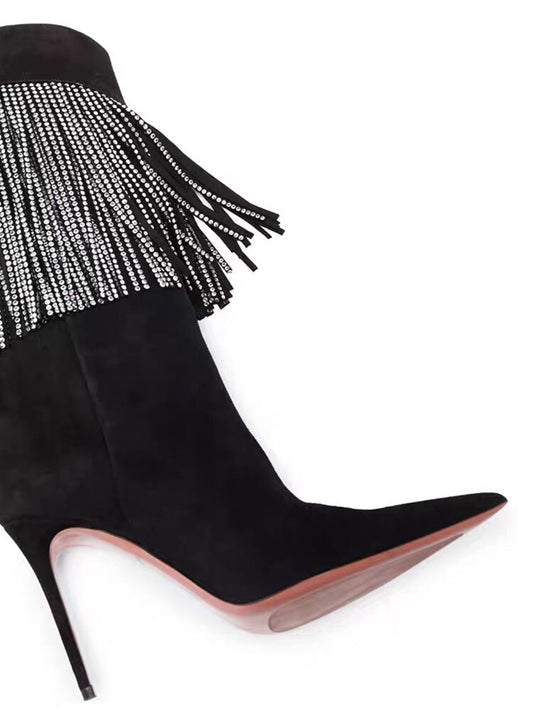 Pointed Toe Rhinestone Silver Tassel Stiletto Suede Super High Heels