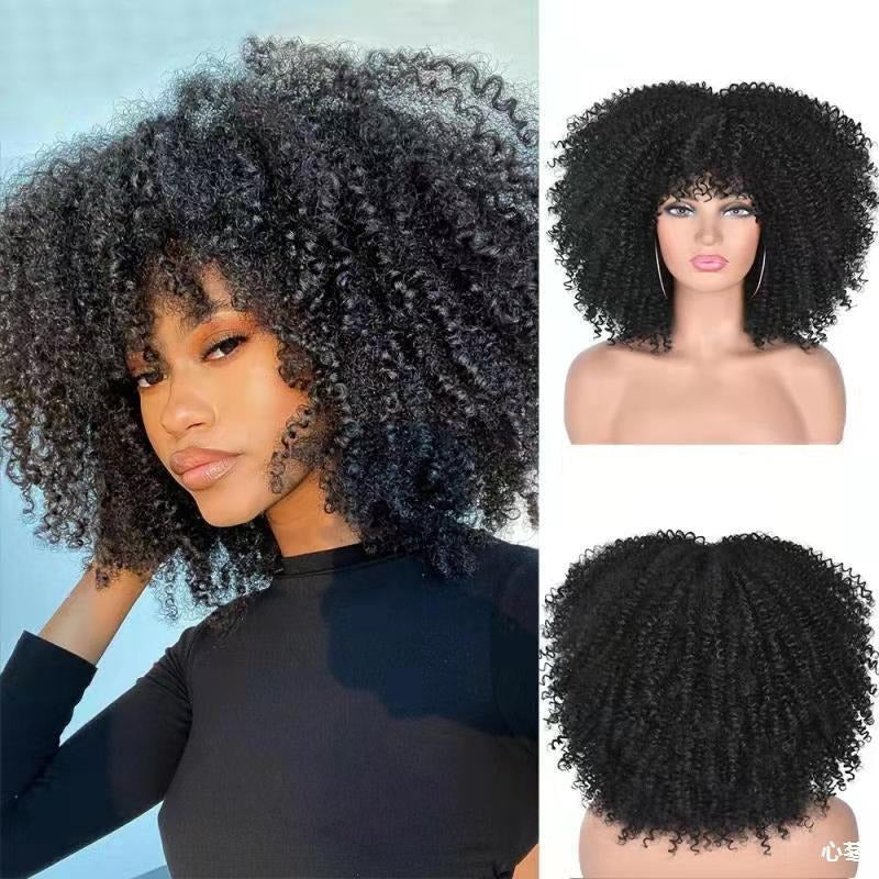 Curly Hair Explosion Head Black Chemical Fiber Wig Full Head