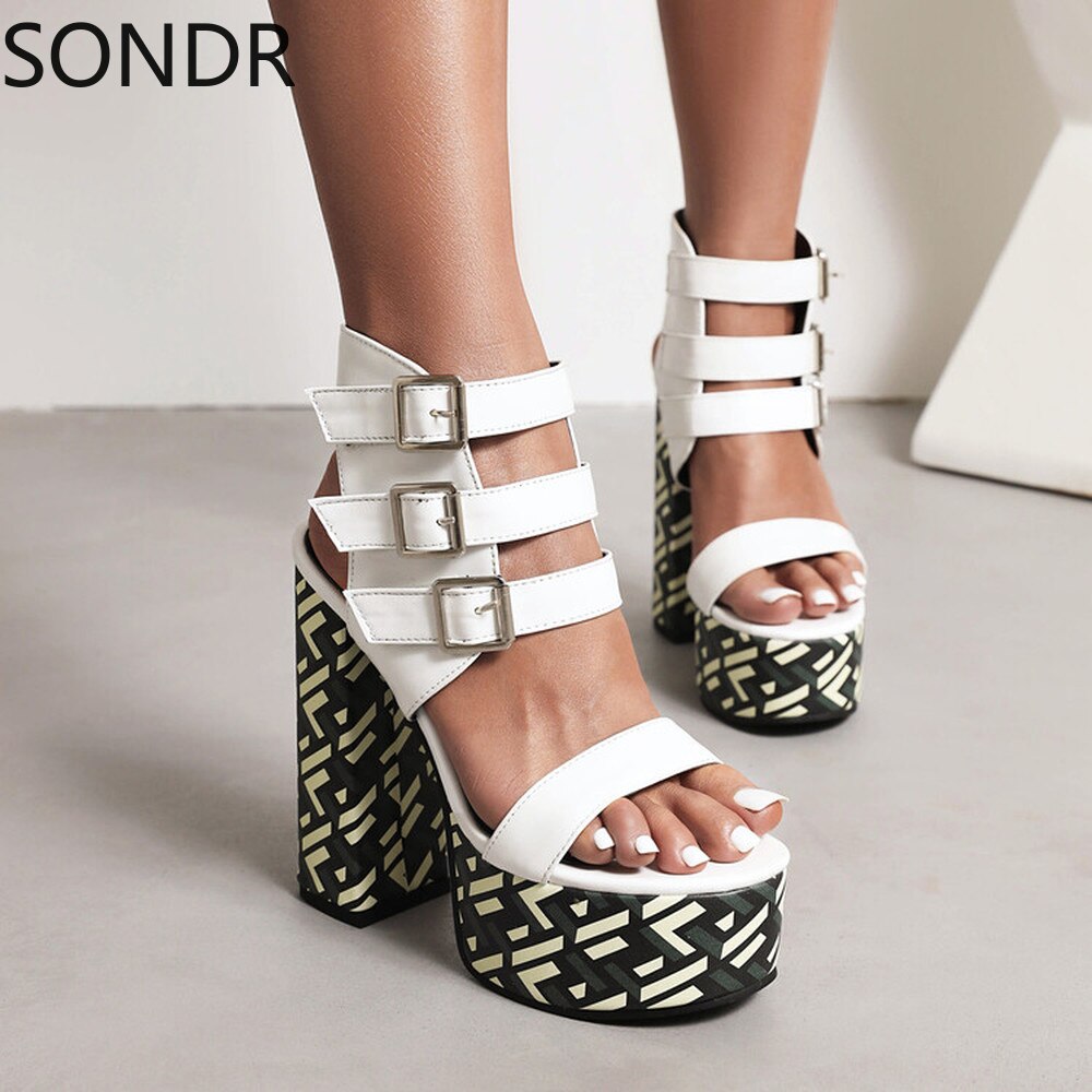 Platform Peep Toe Belt Buckle Sandals Cut Out Super 15CM High Heel Shoes