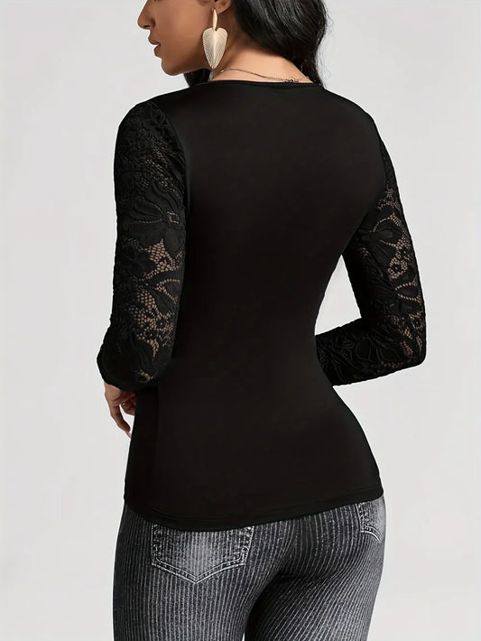Cross Stitch Lace Sleeves long sleeved T-shirt slim fit and slimming top