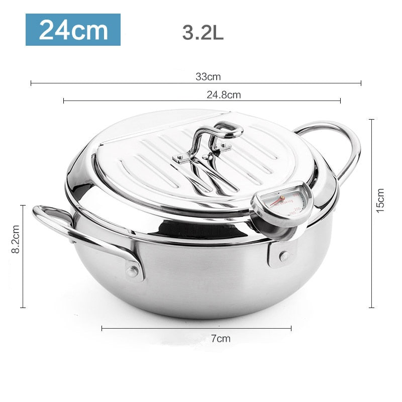 Deep Frying Pot with a Thermometer and a Lid 304 Stainless Steel Kitchen Tempura Fryer Pan 20 24 cm