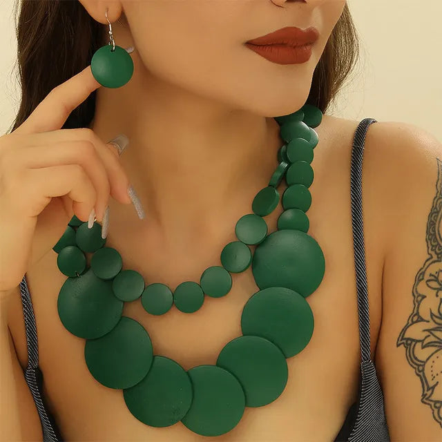 Boho Doublelayer Big Colorful Wood Necklace Earrings Sets Wedding Indian Africal Beads Jewelry