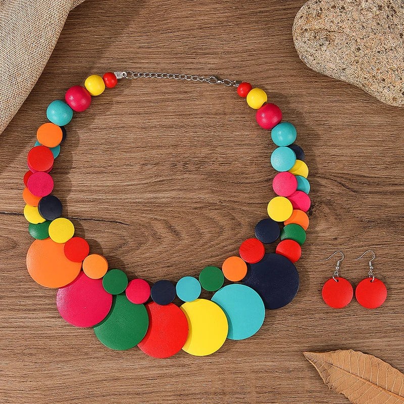 Boho Doublelayer Big Colorful Wood Necklace Earrings Sets Wedding Indian Africal Beads Jewelry