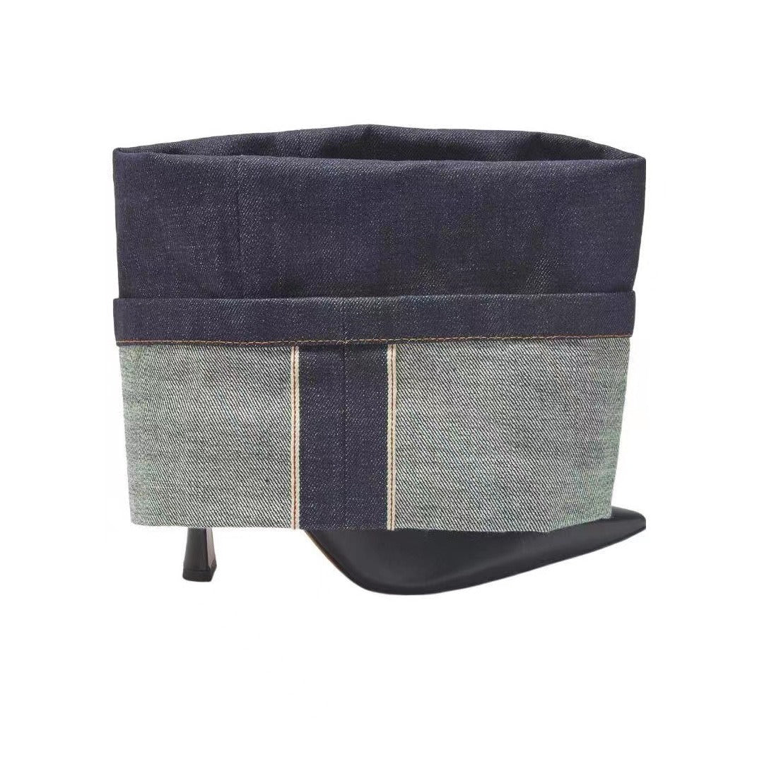 Denim Pointed Toe High Heel Short Boots - Trouser Boots