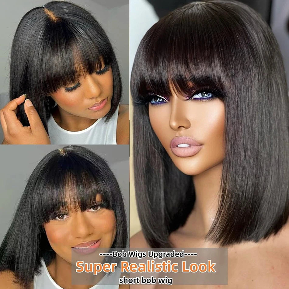 Middle Parted 3X1 Hd Lace Wig Bone Straight Human Hair Wigs With Bangs Short Bob Wigs Full Machine Made Short Bob Human Hair Wig
