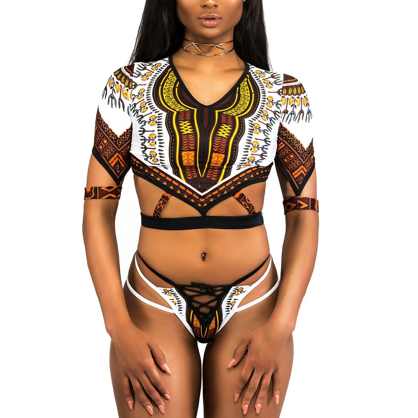 Short Sleeve Swimsuit Dashiki Print Bikini Set Bikinis Women Thong Swimwear Female Plus Size Swimsuits Bathing Suit