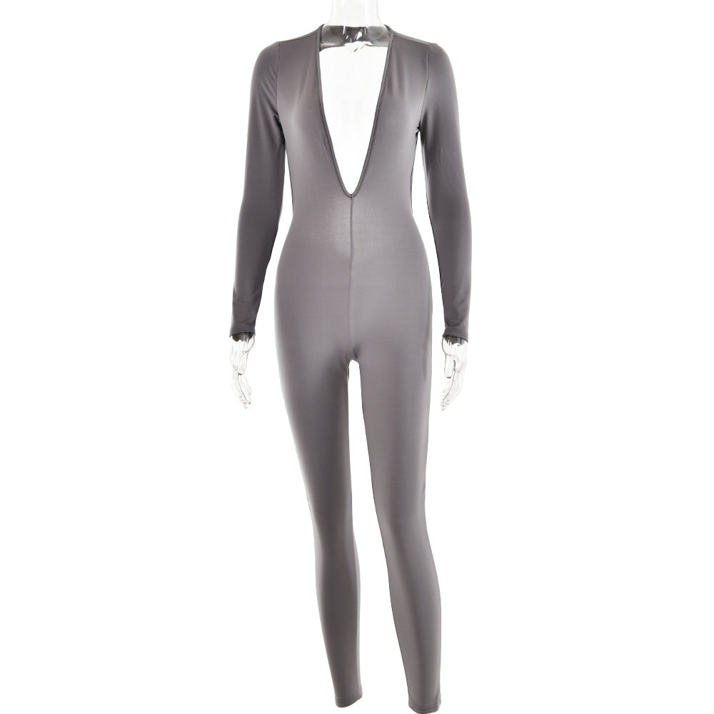 Deep V-Neck Long Sleeved Leggings Backless Tight Jumpsuit