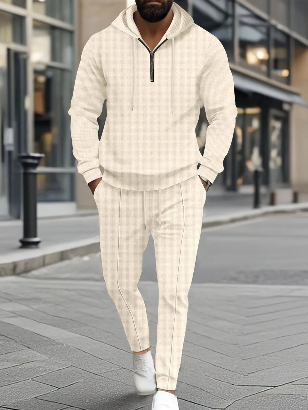 Waffle-Knit Half Zipper Hoodie & Pants Set