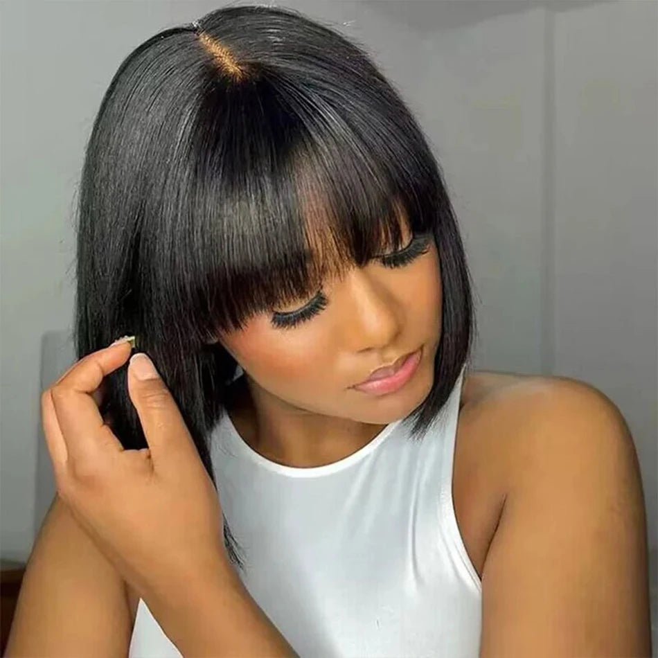 Middle Parted 3X1 Hd Lace Wig Bone Straight Human Hair Wigs With Bangs Short Bob Wigs Full Machine Made Short Bob Human Hair Wig
