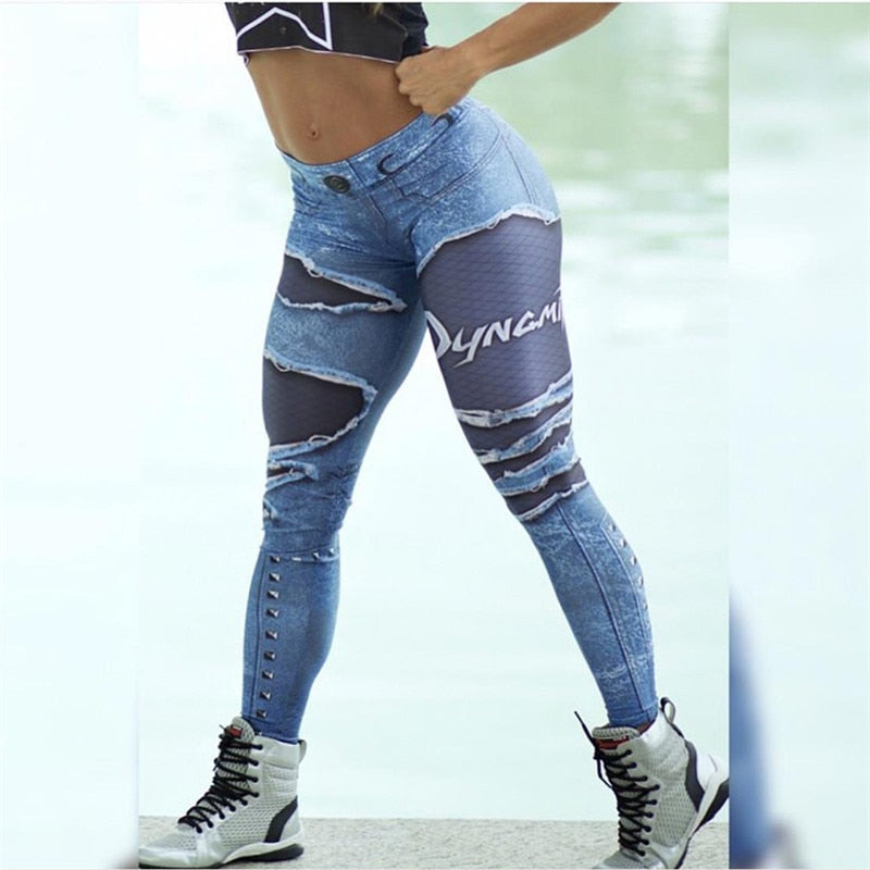 High Waist 3D Denim Print Blue Mesh Leggings