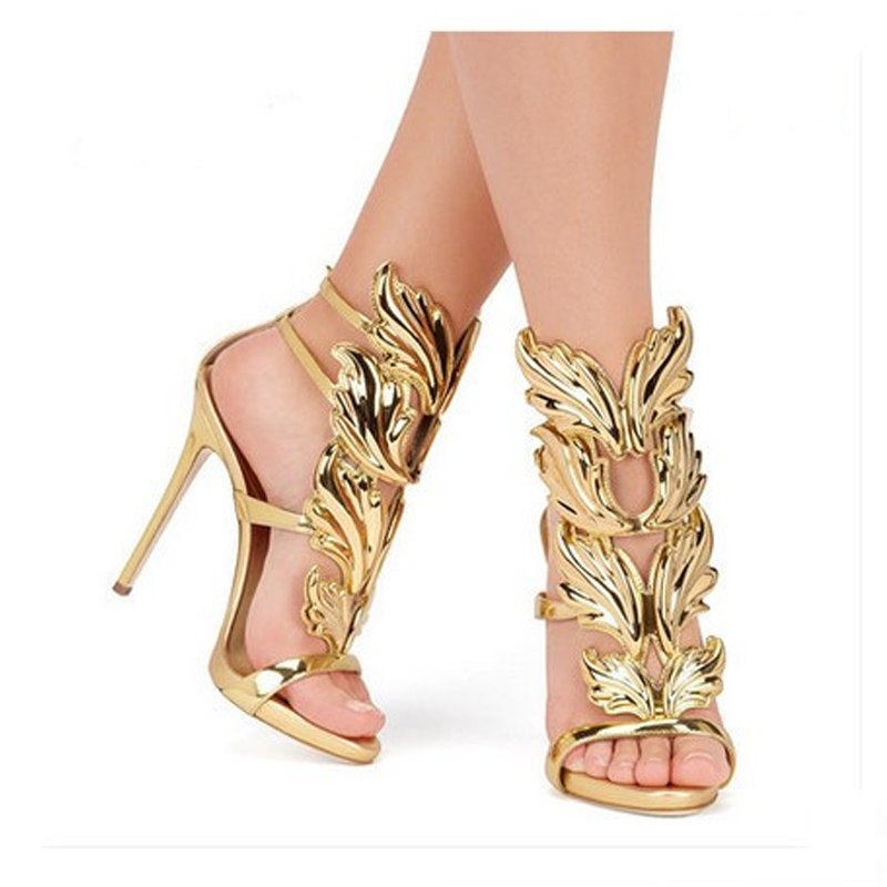 Leather Sandals Gold Leaf Flame Gladiator Sandal Shoes Party Dress Shoe Patent High Heel Sandals