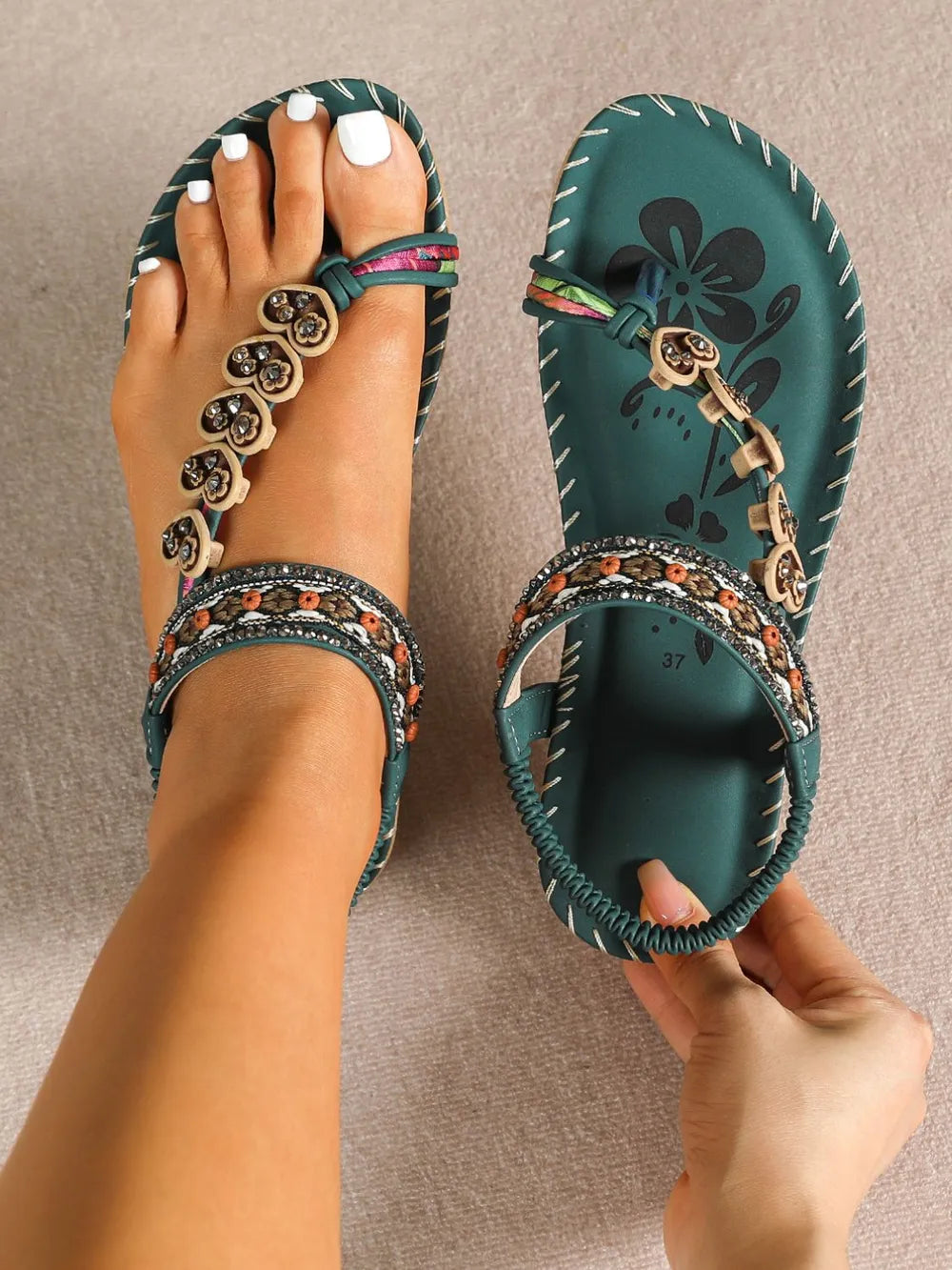 Asian style women's shoes summer fashion beach flat sandals beaded diamond clip on shoes
