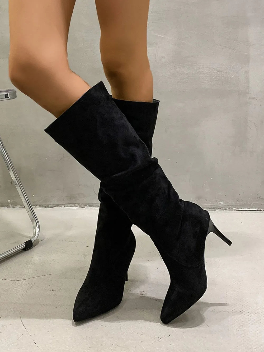 Pleated Pull-On High Heel Boots
