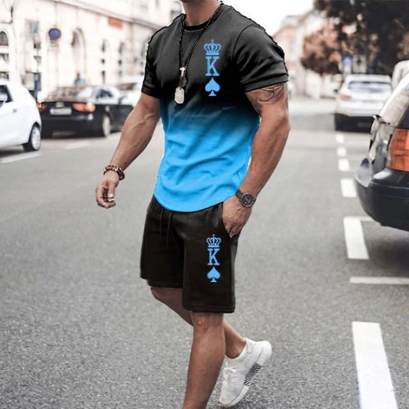 3D printed round neck short sleeved casual T-shirt set
