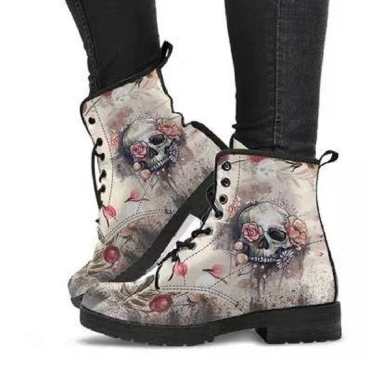 Leather Martin Boots Gothic printed Boots workwear combat boots