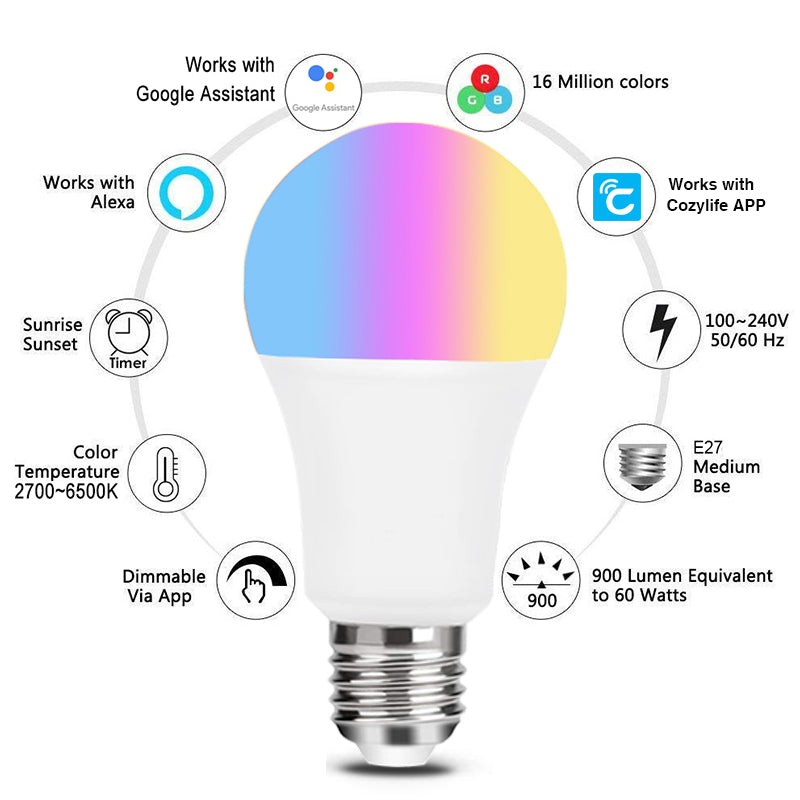 WiFi Smart Bulb Alexa Voice Control RGBCW Dimming Color