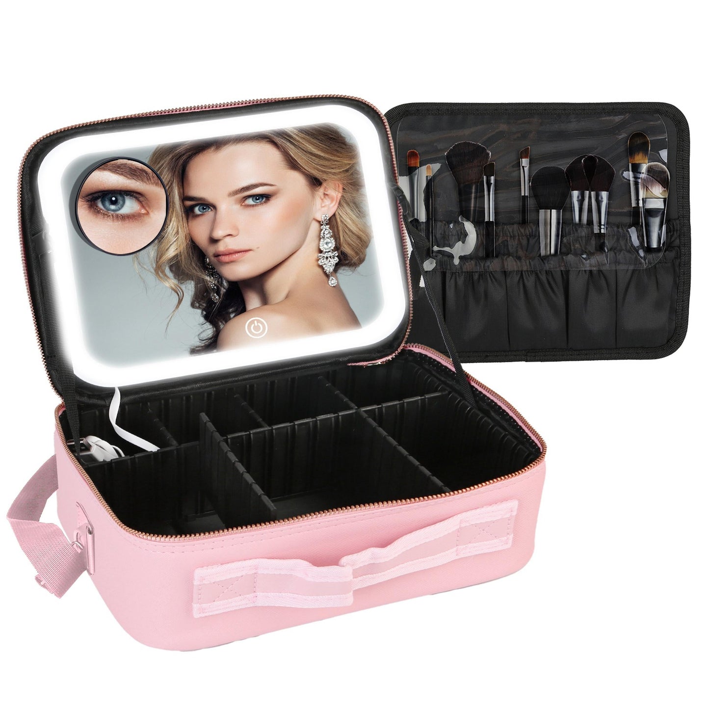 Travel Makeup Bag with LED Mirror, 3 Light Colors, Adjustable Dividers, Magnifying