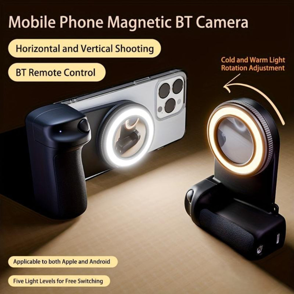 Magnetic Wireless phone Shutter Grip with Light Ring and Selfie Mirror