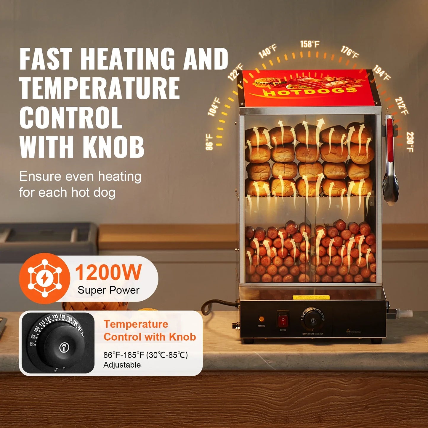 36L 2-Tier Hot Dog Steamer Hot Dog Hut Steamer 86℉~185℉ Temperature Control, Electric Bun Warmer for Hot Dogs & Buns