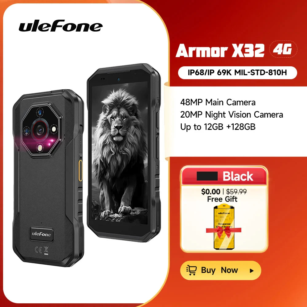Ulefone Armor X32 4G Rugged Phone Android 14 Waterproof Smartphone 12GB RAM, 128GB ROM NFC Night Mobile Phone Global Version