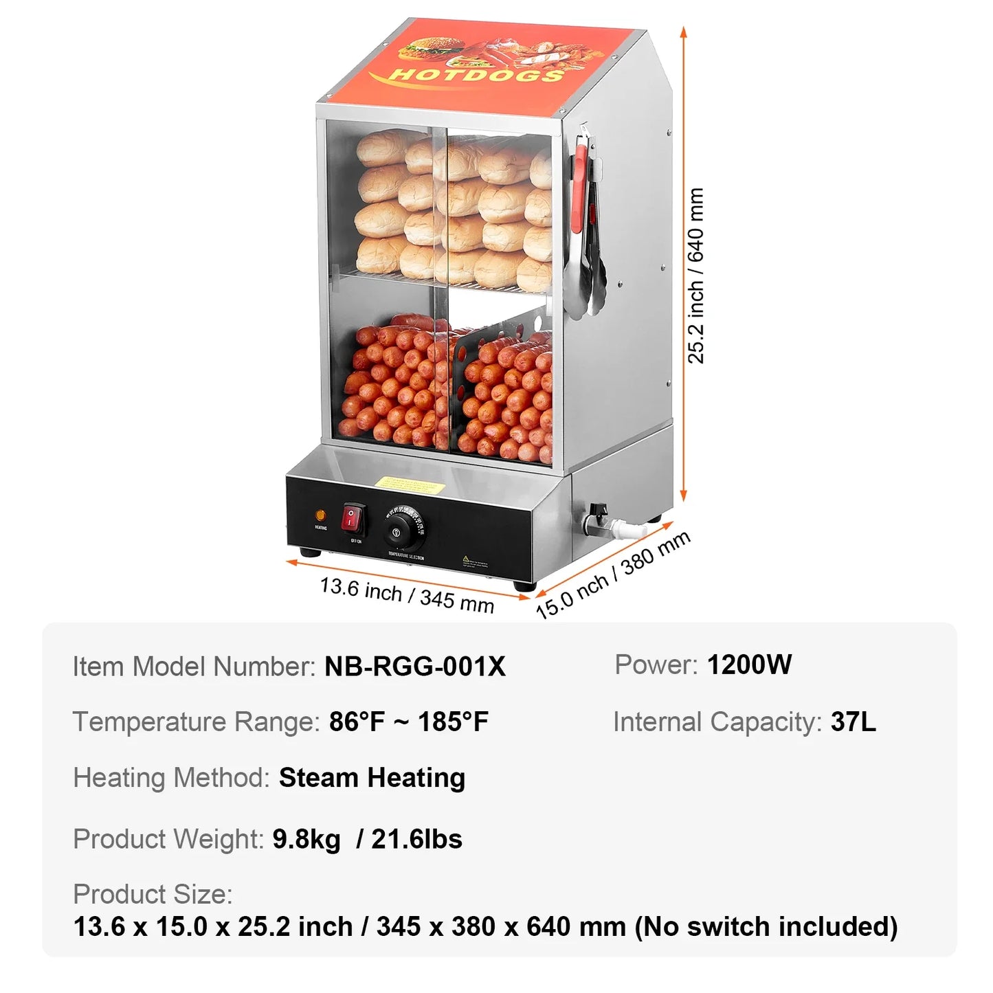36L 2-Tier Hot Dog Steamer Hot Dog Hut Steamer 86℉~185℉ Temperature Control, Electric Bun Warmer for Hot Dogs & Buns