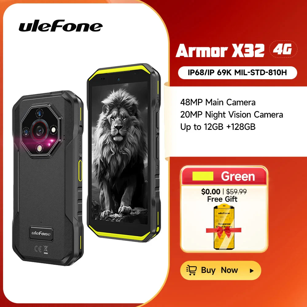 Ulefone Armor X32 4G Rugged Phone Android 14 Waterproof Smartphone 12GB RAM, 128GB ROM NFC Night Mobile Phone Global Version