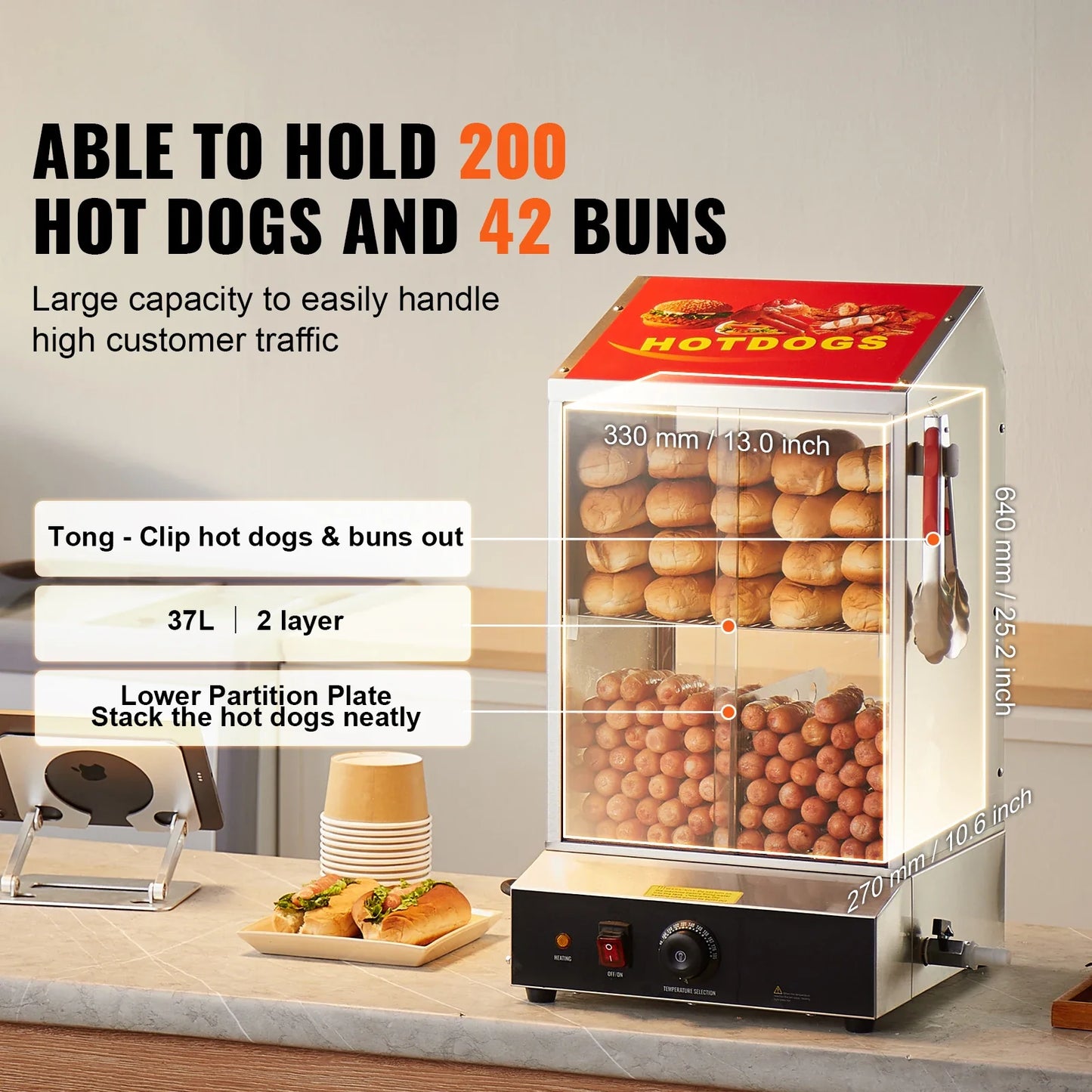 36L 2-Tier Hot Dog Steamer Hot Dog Hut Steamer 86℉~185℉ Temperature Control, Electric Bun Warmer for Hot Dogs & Buns
