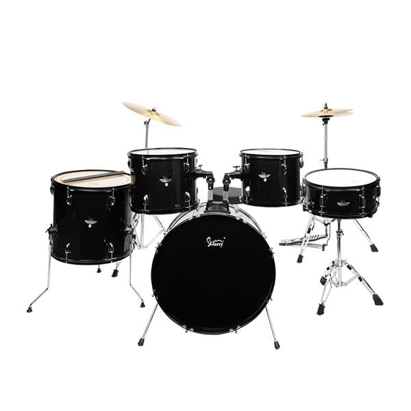 Full Size Drum Set 5-Piece Black with Bass Drum, two Tom Drum, Snare Drum, Floor Tom, 16" Ride Cymbal, 14" Hi-hat Cymbals, Stool, Drum Pedal, Sticks