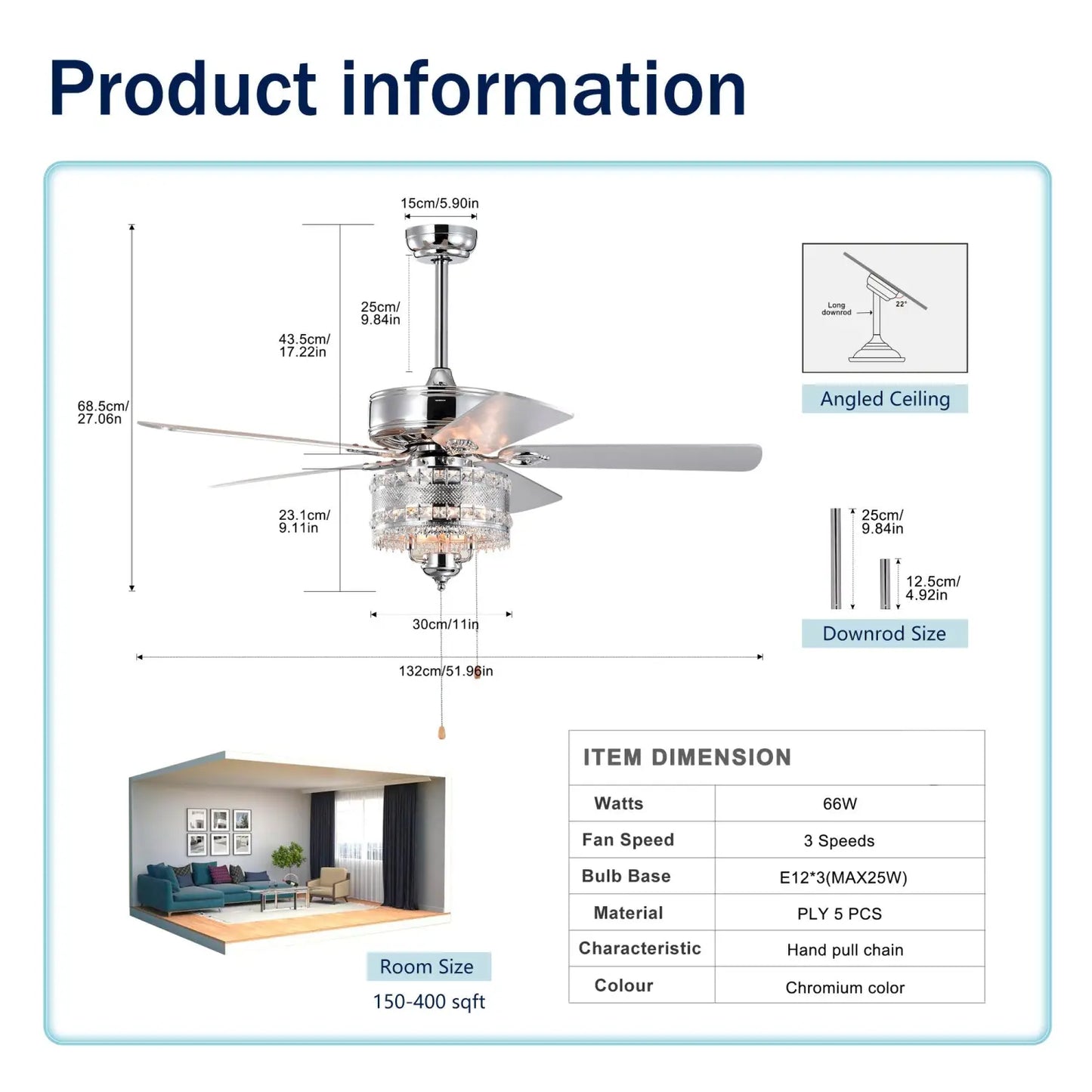 Crystal Ceiling Fan with 5 Reversible Blades and LED Chandelier
