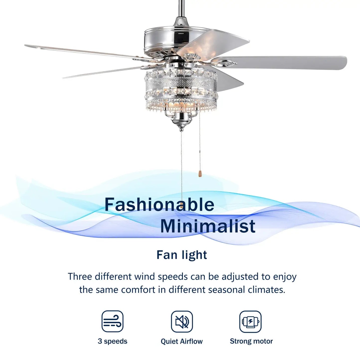 Crystal Ceiling Fan with 5 Reversible Blades and LED Chandelier