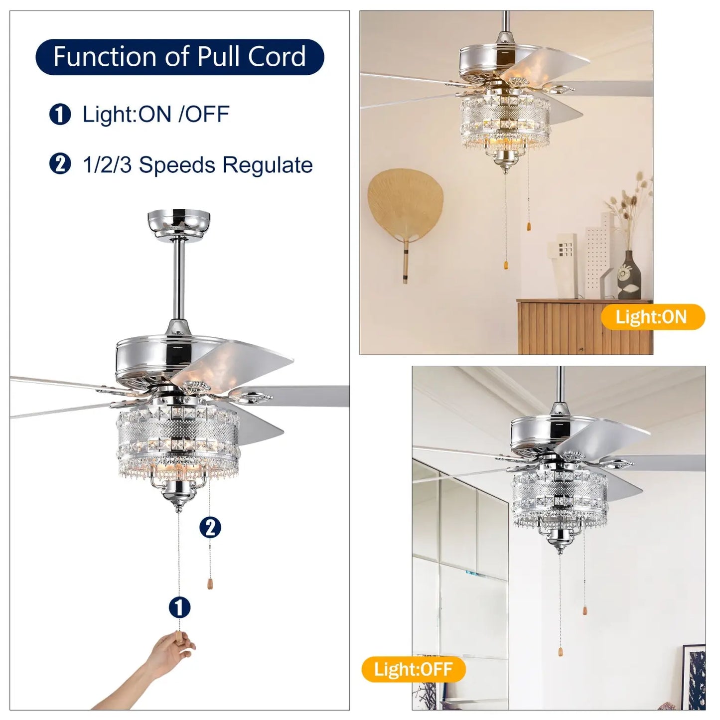 Crystal Ceiling Fan with 5 Reversible Blades and LED Chandelier