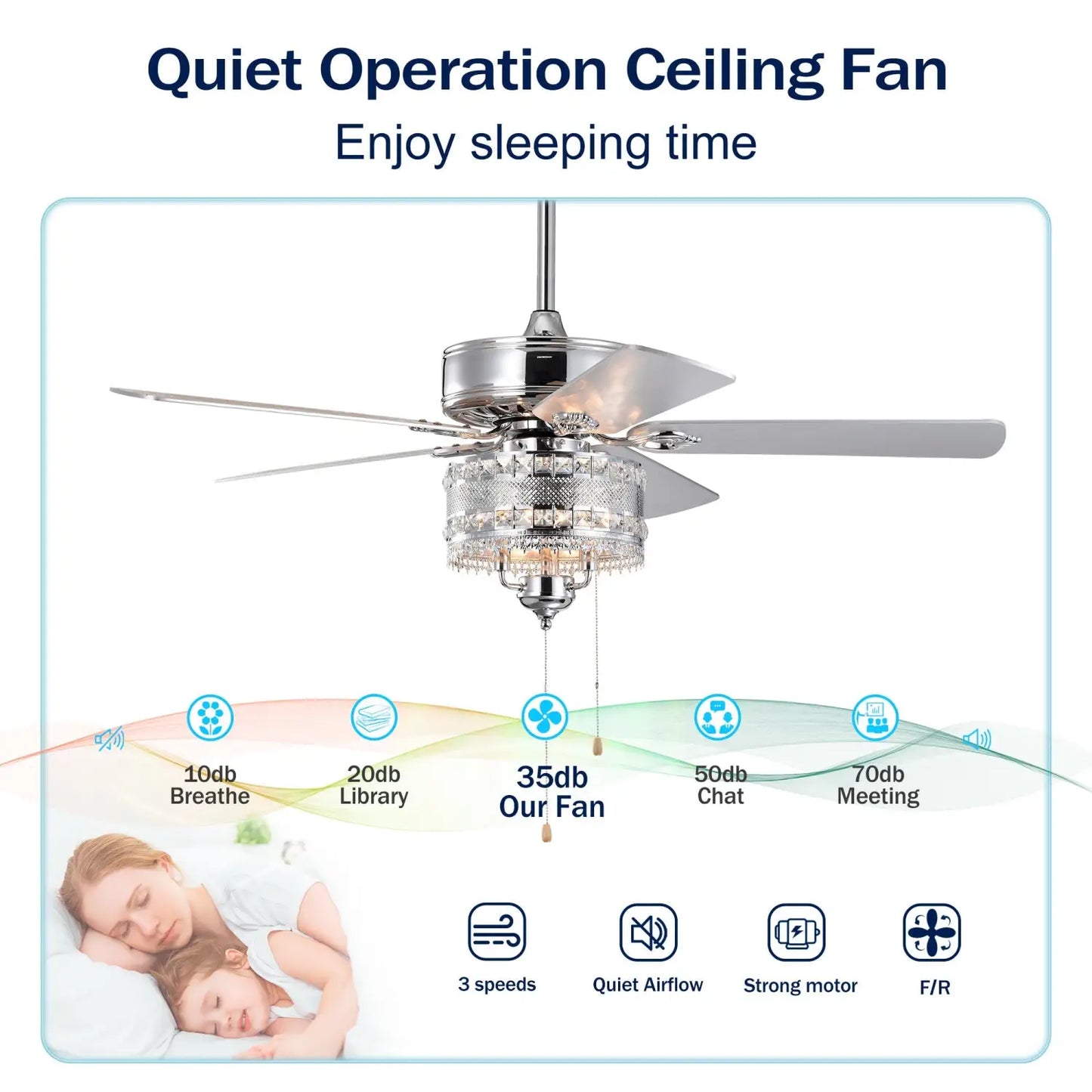 Crystal Ceiling Fan with 5 Reversible Blades and LED Chandelier