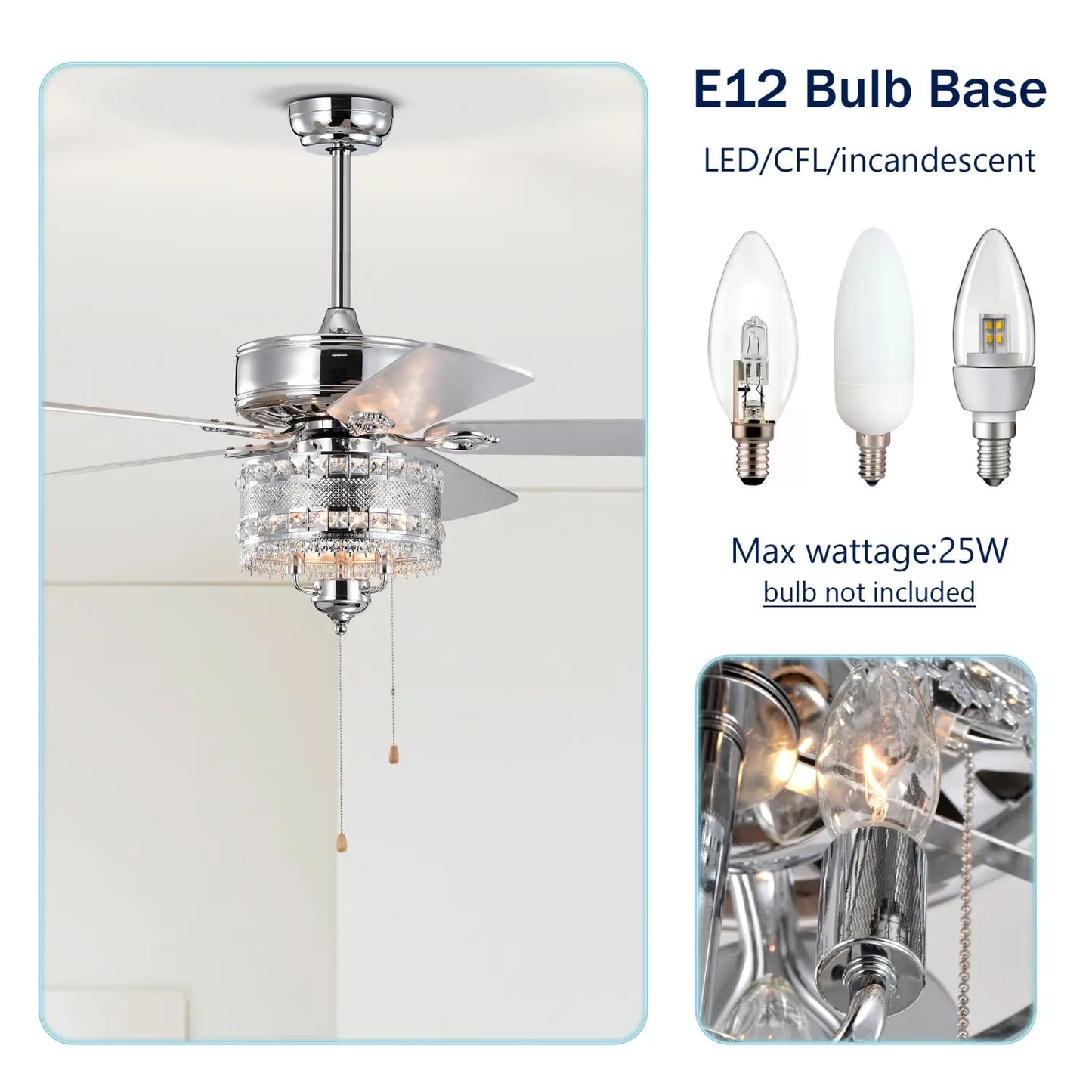 Crystal Ceiling Fan with 5 Reversible Blades and LED Chandelier