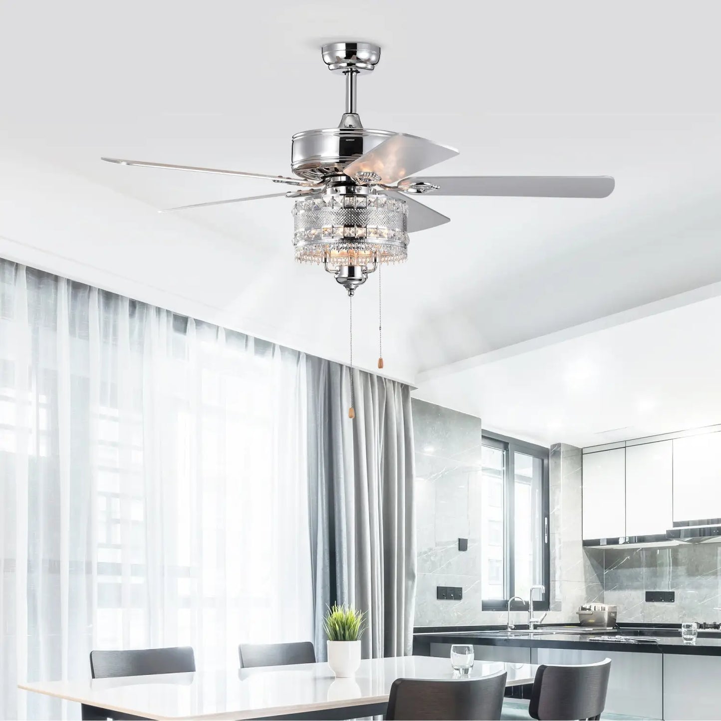 Crystal Ceiling Fan with 5 Reversible Blades and LED Chandelier