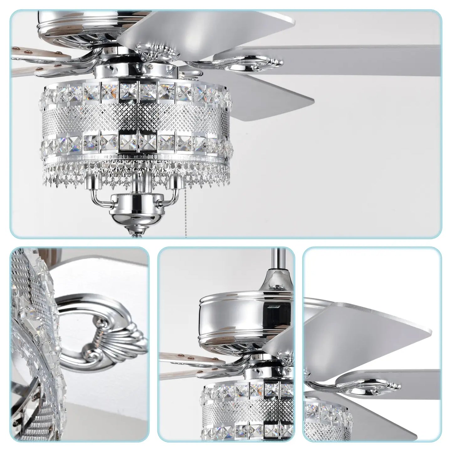 Crystal Ceiling Fan with 5 Reversible Blades and LED Chandelier
