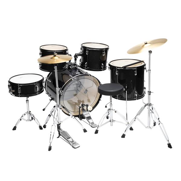 Full Size Drum Set 5-Piece Black with Bass Drum, two Tom Drum, Snare Drum, Floor Tom, 16" Ride Cymbal, 14" Hi-hat Cymbals, Stool, Drum Pedal, Sticks