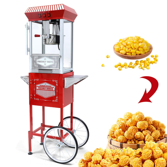 Large Premium 12-Ounce Vintage-Style Theater Popcorn Machine Maker With Cart, Red (SAK87184)