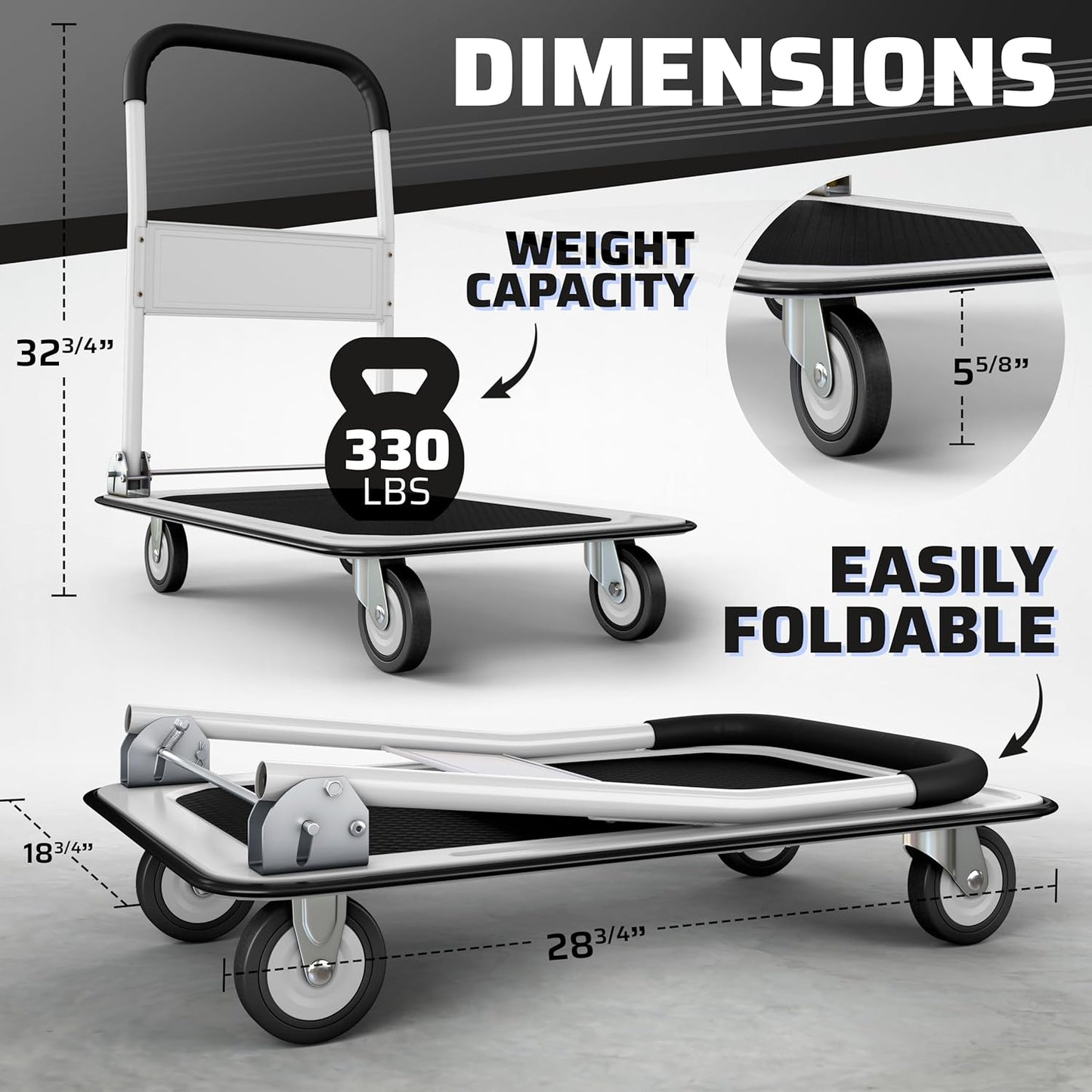 Heavy-Duty Collapsible Push Cart Dolly - 330 lbs Capacity, Foldable Flatbed Hand Truck with Swivel Handle