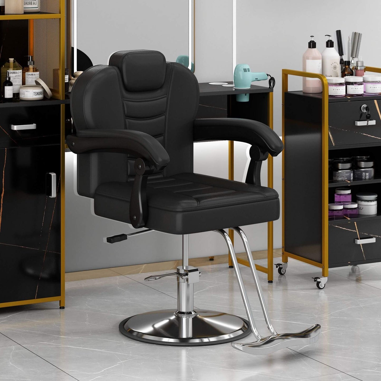 Reclining Barber Chair With Adjustable Headrest And Hydraulic Pump (SAK62751)