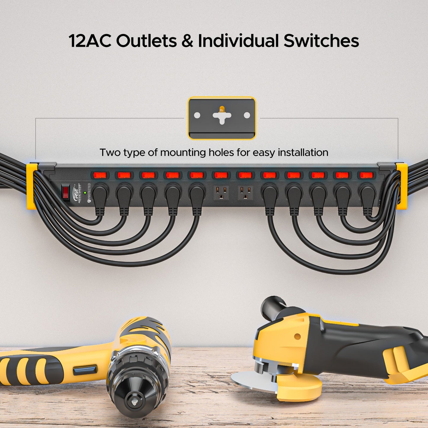 12 Outlets Individual Switches Power Strip Surge Protector with Cord Holding Design, 9FT Flat Plug Power Cord